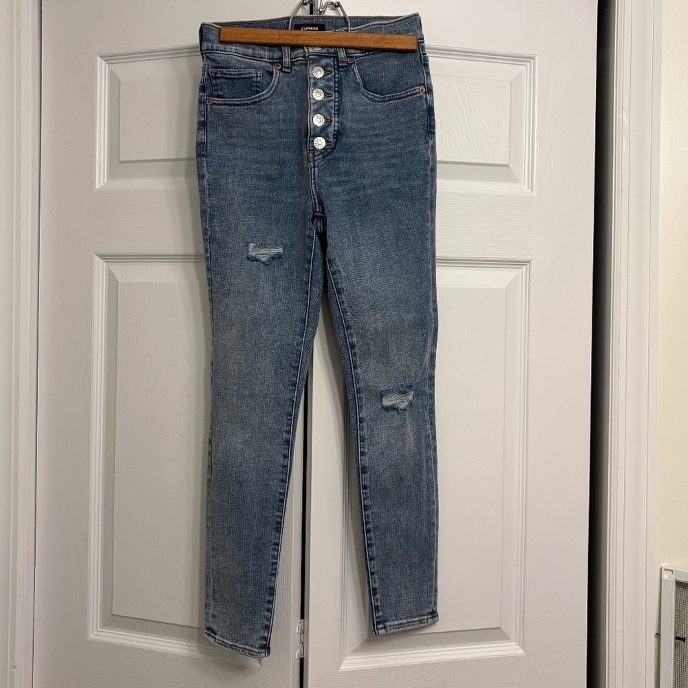 Express Light Wash High Waisted Button Fly Ripped Skinny Jeans, Size 00 Short